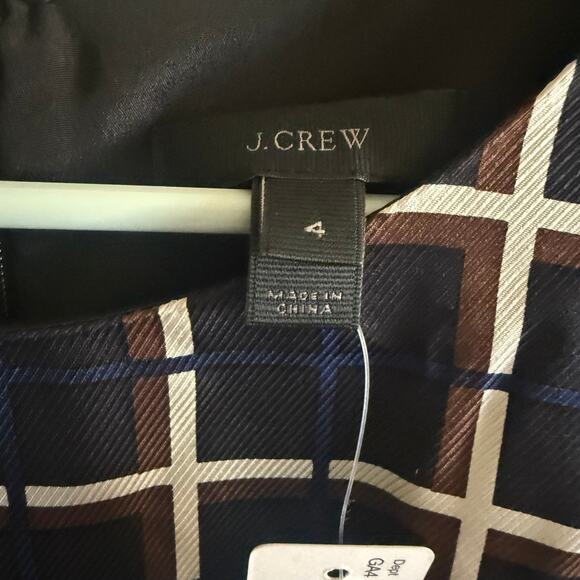 J Crew Silk A Line Twill Midi Dress Black Blue Ivory Windowpane Check Size 4 NWT - Picture 2 of 4